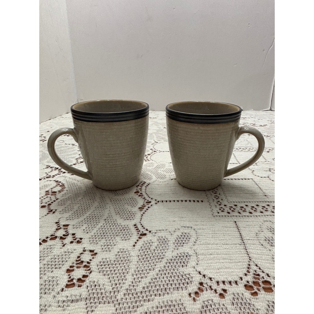 Sango Omega Pearl 4662 Coffee Mugs Set of 2 Tan Brown Rim Stoneware 4 inch